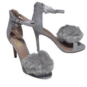 Glamour Look Faux Fur Pom Pom Heels – Dual Buckle Soft Grey Statement Shoes